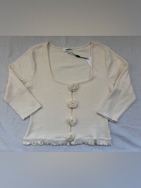 Vigoss Woman’s Ribbed Knit Top Scoop Neckline 3/4 Length Sleeves Ivory Size XL